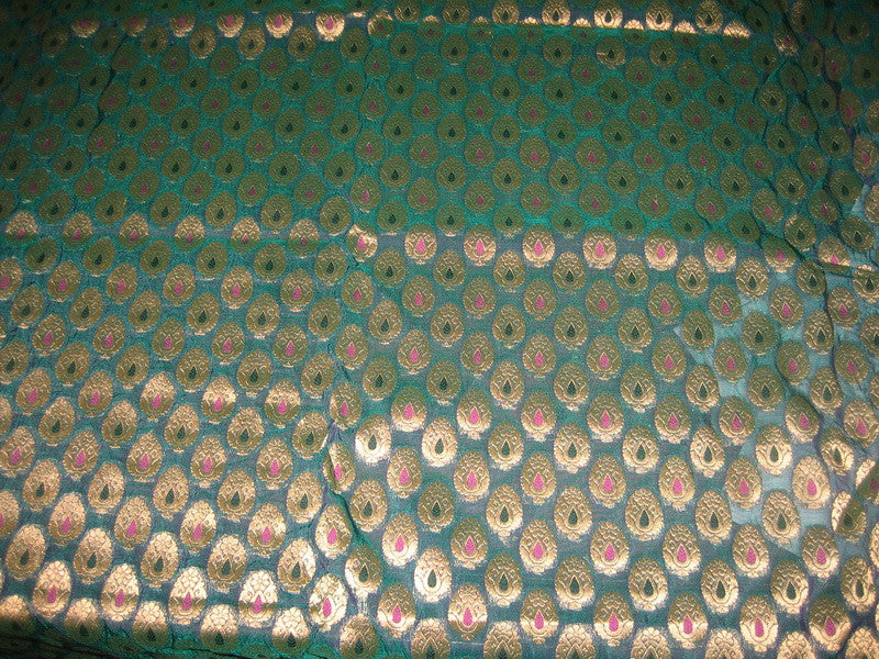 Silk Brocade Fabric Peacock Green &amp; Metallic Gold BRO147[4]