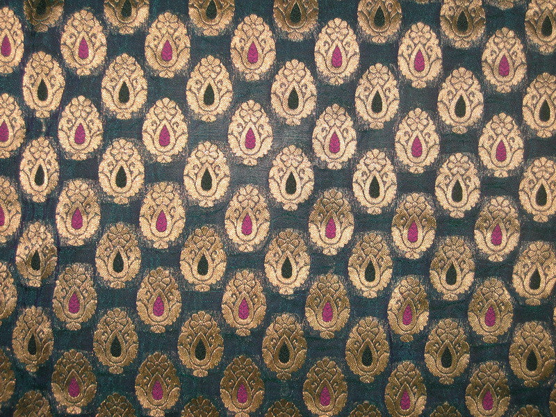 Silk Brocade Fabric Peacock Green &amp; Metallic Gold BRO147[4]