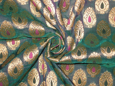 Silk Brocade Fabric Peacock Green &amp; Metallic Gold BRO147[4]