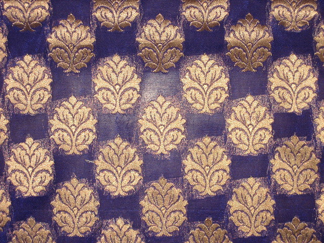 Silk Brocade Fabric Blue &amp; Antique Metallic Gold semi sheer BRO146[1]