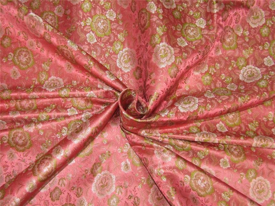 Silk Brocade fabric coral pink and green 44&quot;