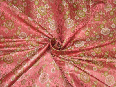 Silk Brocade fabric coral pink and green 44&quot;
