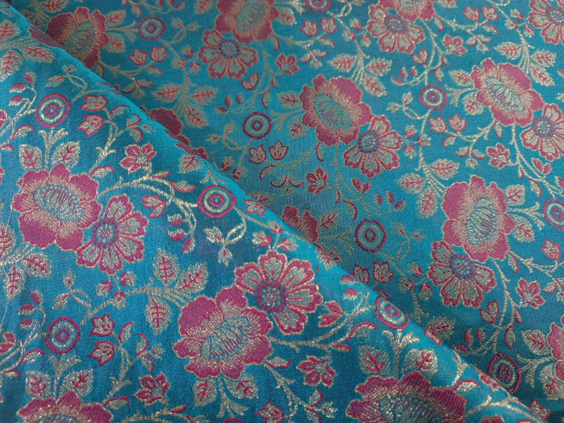Silk Brocade fabric Blue ,Pink &amp; Gold Color 44&quot; single length 1.40 yards only