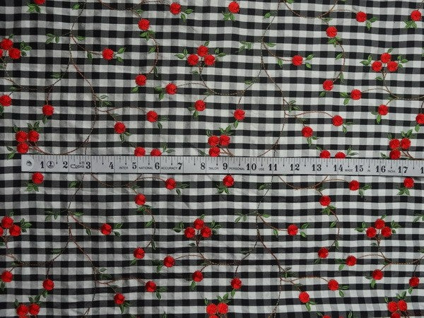 Silk Dupioni fabric 54&quot; black and white plaids  with rred rose embroidery DUP#E45