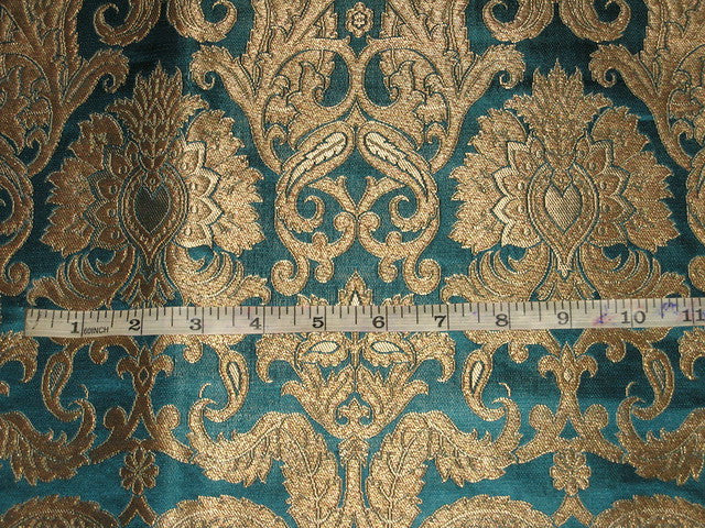 Heavy Silk Brocade Fabric Peacock Blue & Metallic motifs 36" wide BRO158[2]