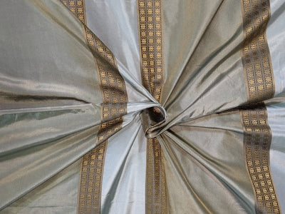 100% Silk Taffeta Jacquard Fabric dusty blue and  green with gold jacquard stripe  54" wide TAFJACNEW6