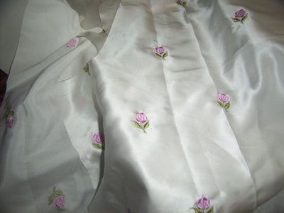100 % Silk satin fabric ivory colour Rose embroidery 44" wide  [486]