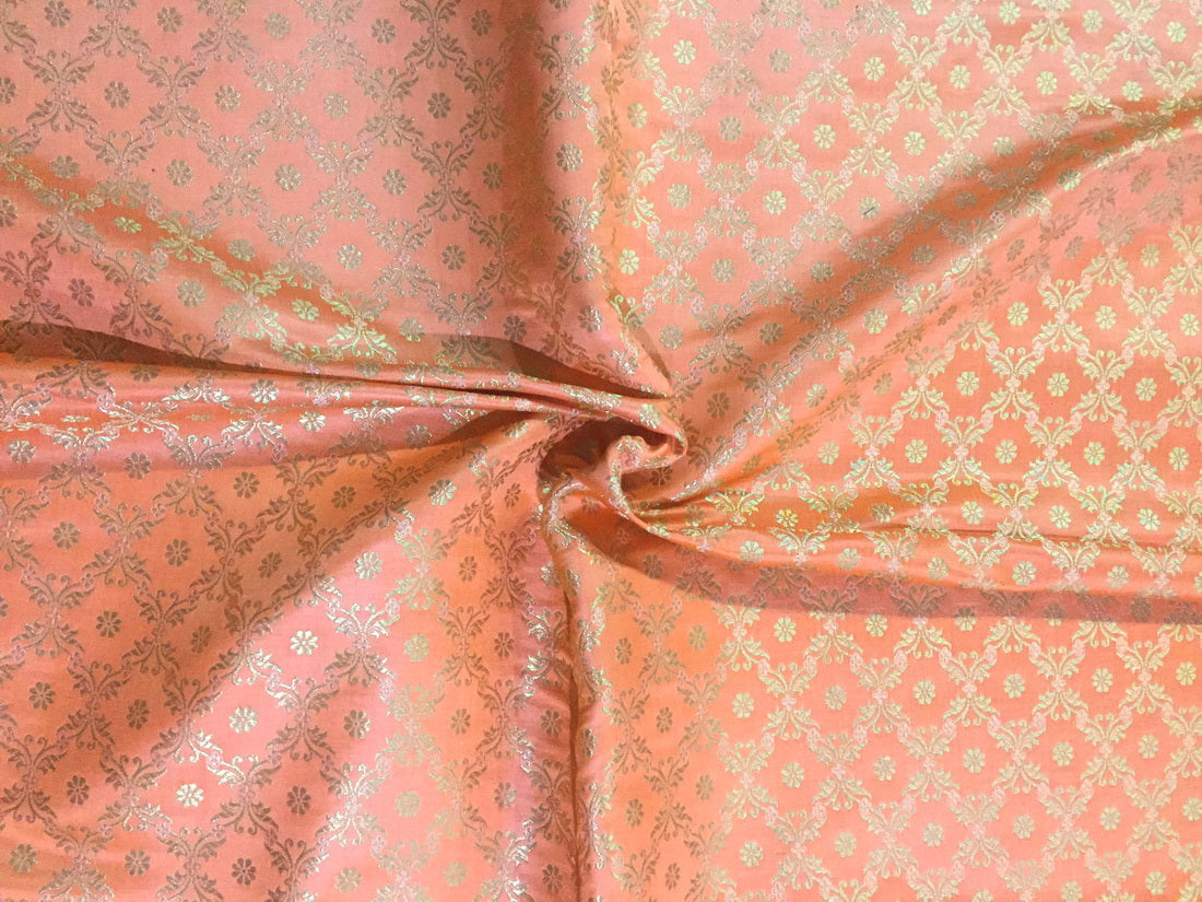 Silk Brocade fabric peachy orange x metallic gold color 44" wide BRO702[4]