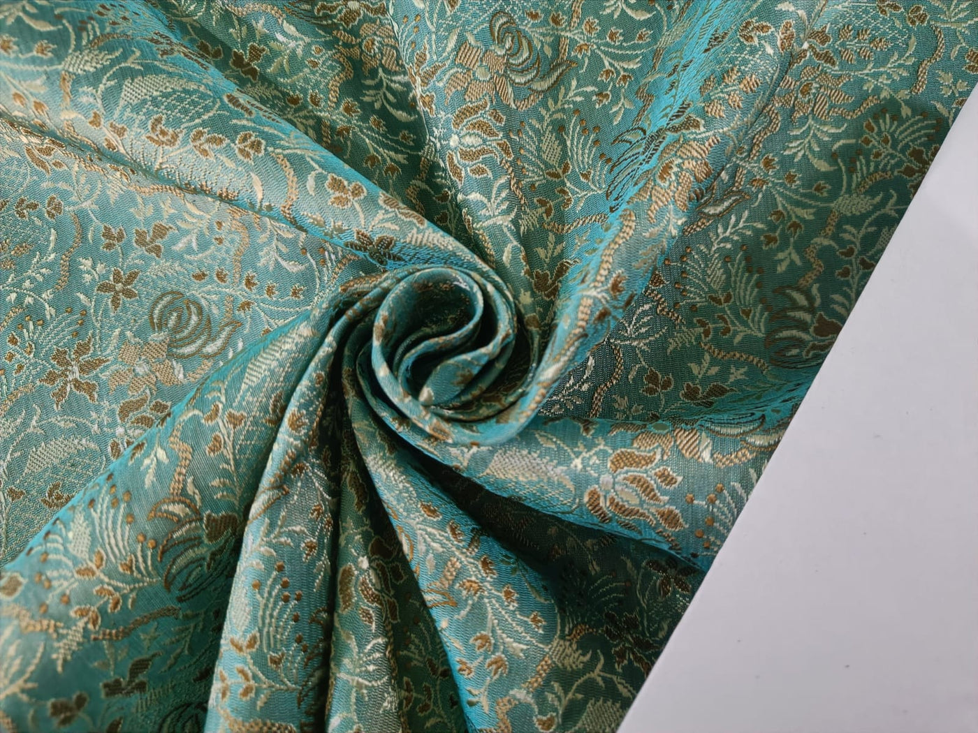 Silk Brocade Fabric Rich SEA Green X Gold, Motif Color 44&quot;  BRO4[8]