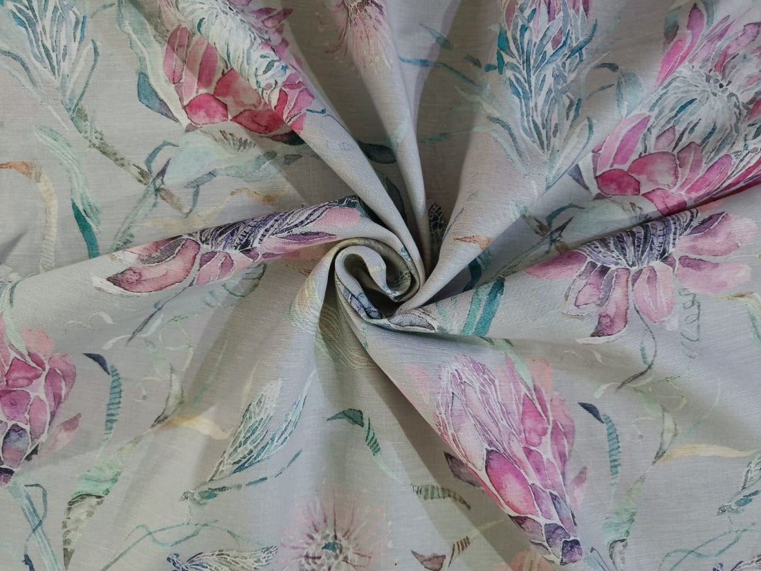 100% linen Floral digital print s fabric 44" available in  two colors ivory red floral and powder blue ;pink floral[12910/11]