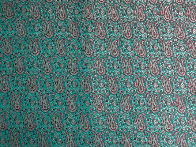 SILK BROCADE FABRIC SEA GREEN WID RED,METALLIC GOLD COLOR 44" WIDE BRO408[5]
