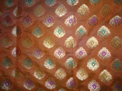 SILK BROCADE FABRIC ORANGE,GREEN,METALLIC GOLD COLOUR 44" WIDE BRO409[5]