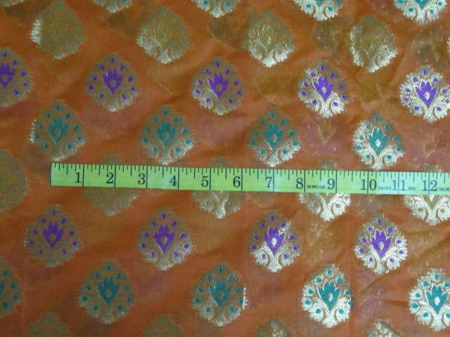 SILK BROCADE FABRIC ORANGE,GREEN,METALLIC GOLD COLOUR 44" WIDE BRO409[5]