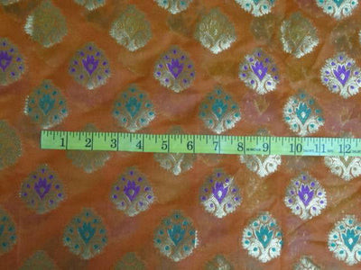 SILK BROCADE FABRIC ORANGE,GREEN,METALLIC GOLD COLOUR 44" WIDE BRO409[5]