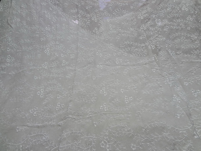 white silk chiffon fabric with vine/floral embroidery 44&quot; wide