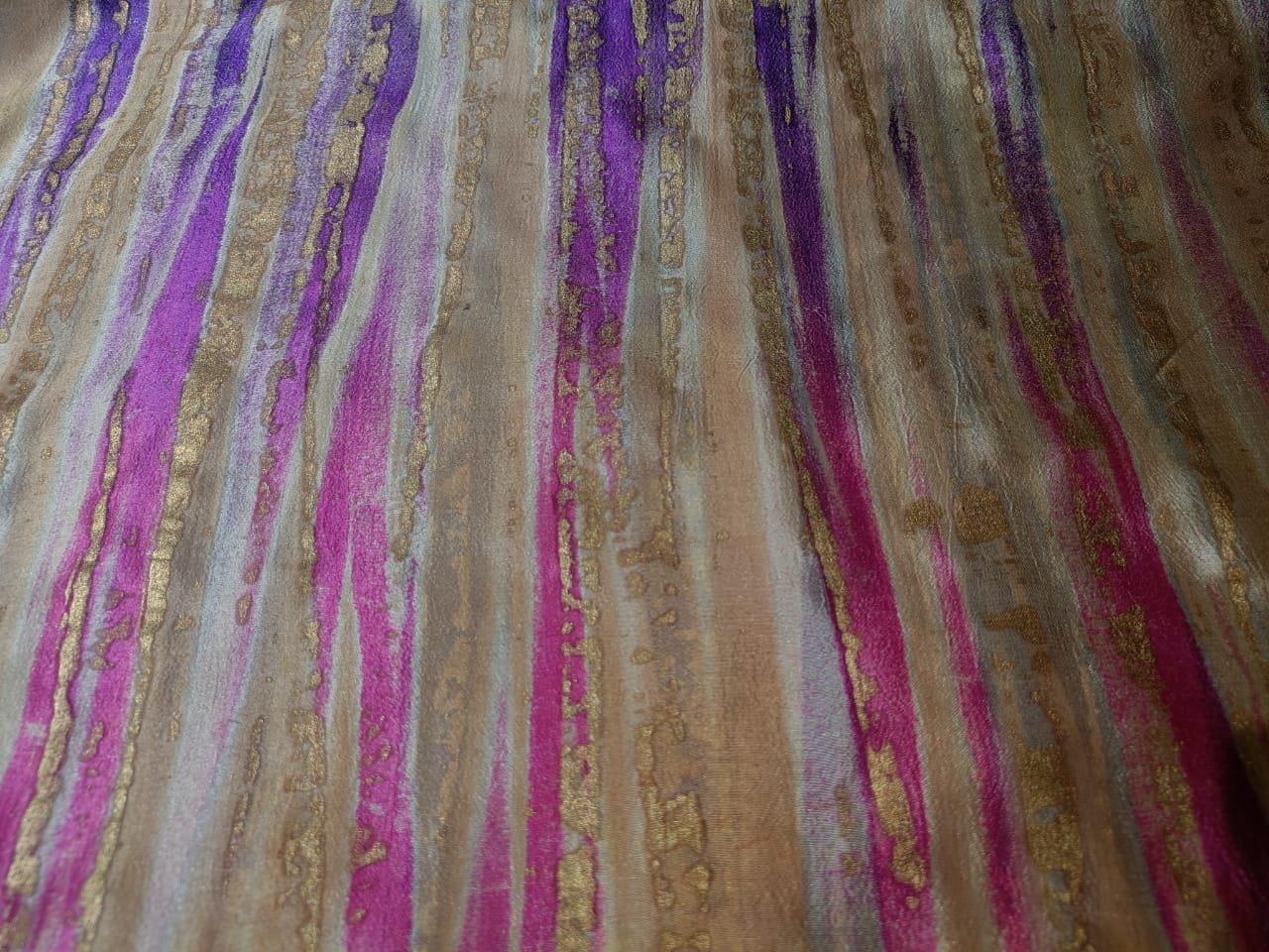 100% pure silk Tussar 44"wide available in two designs tie dye and gold print