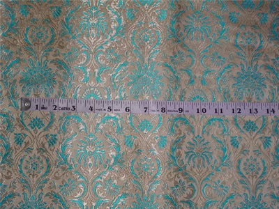 SILK BROCADE~WIDTH 36&quot;~ BLUE BEIGE X METALLIC GOLD COLOUR