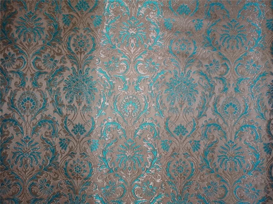 SILK BROCADE~WIDTH 36&quot;~ BLUE BEIGE X METALLIC GOLD COLOUR