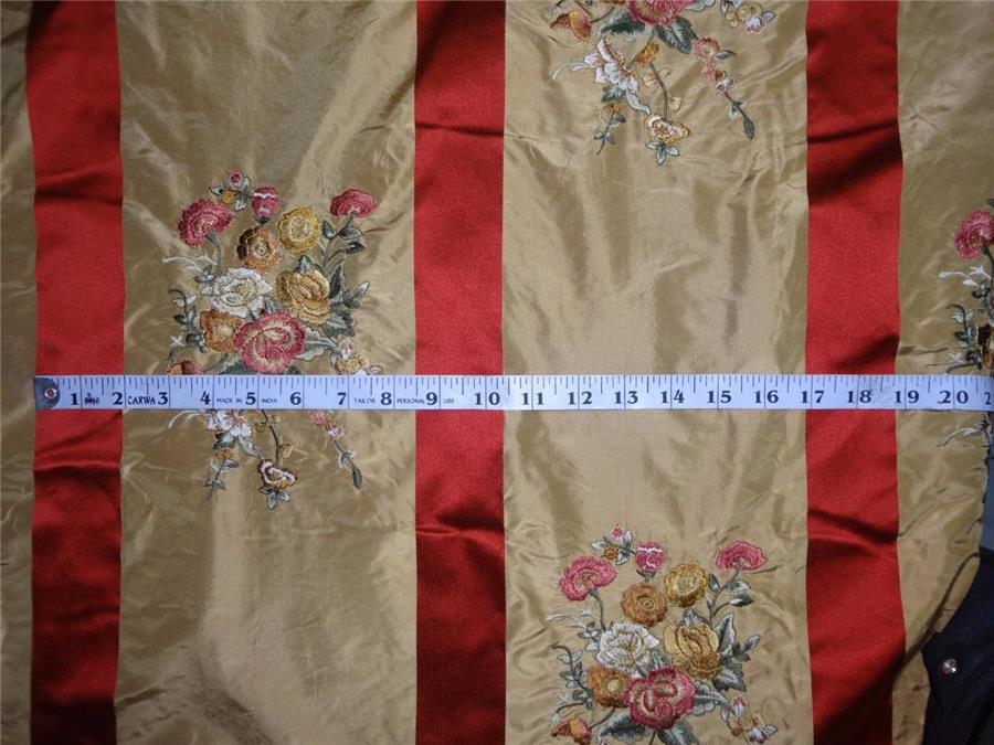 silk taffeta dark beige with red satin stripes &amp; multi color embroidery TAF#E12