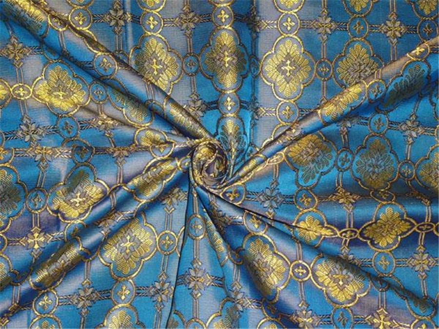 SILK BROCADE FABRIC YELLOW,BLUE X NAVY COLOR 44&quot; VESTMENT BRO477[2]