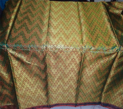 SILK BROCADE FABRIC LIME GREEN X BLUE &amp; PINK COLOR 44&quot;