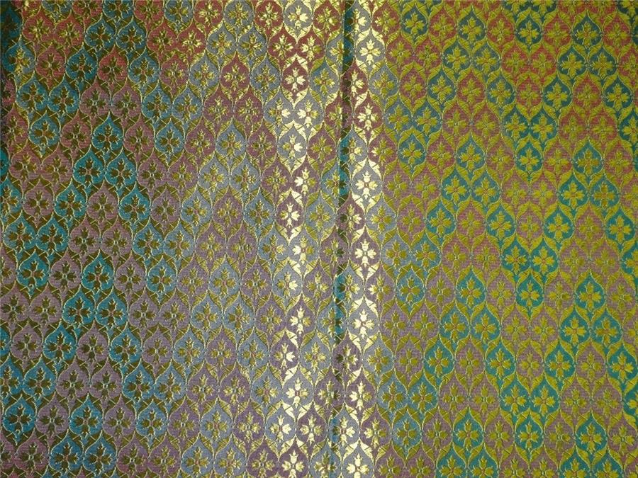 SILK BROCADE FABRIC LIME GREEN X BLUE &amp; PINK COLOR 44&quot;
