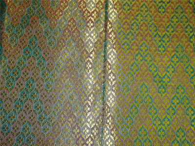 SILK BROCADE FABRIC LIME GREEN X BLUE &amp; PINK COLOR 44&quot;