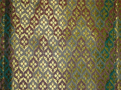 SILK BROCADE FABRIC LIME GREEN X BLUE &amp; PINK COLOR 44&quot;