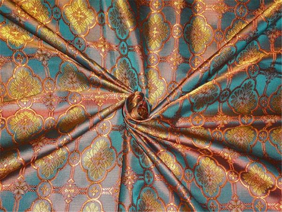 SILK BROCADE FABRIC BROWN,BLUEISH GREEN X RED COLOR 44&quot;VESTMENT BRO476[4]