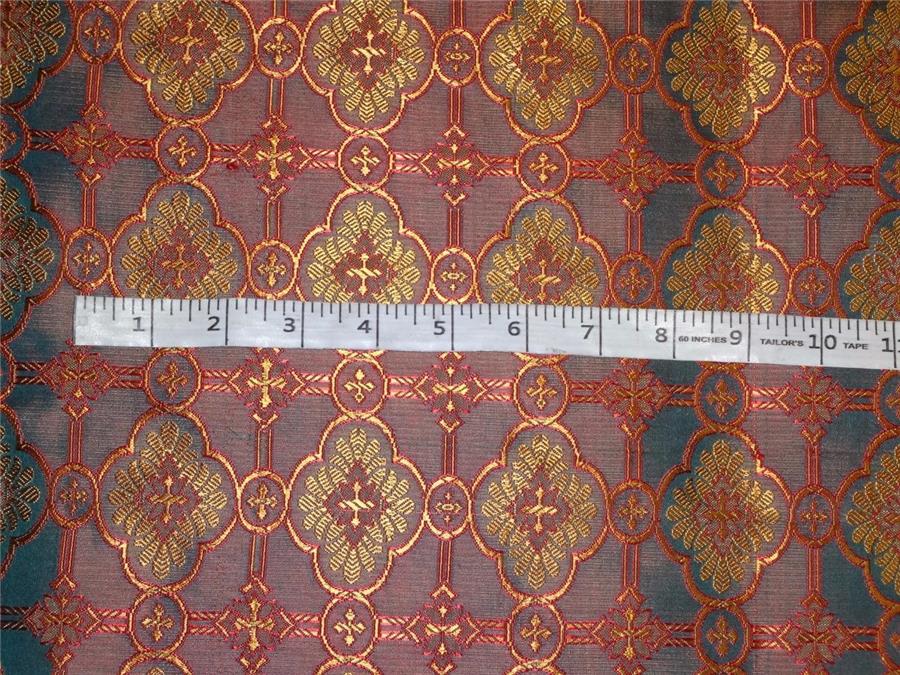 SILK BROCADE FABRIC BROWN,BLUEISH GREEN X RED COLOR 44&quot;VESTMENT BRO476[4]