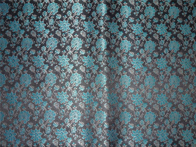 SILK BROCADE FABRIC TURQUOISE BLUE,SILVER X BLACK COLOR 44&quot;INCH