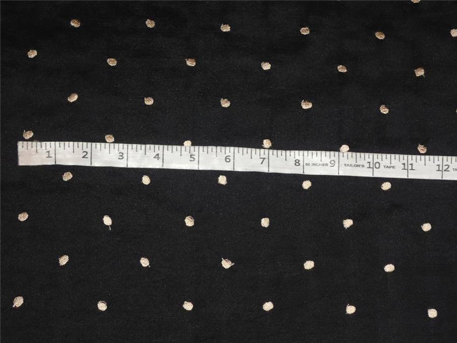 Silk Dupioni Fabric Black with Gold embroidered dots 80 Grams