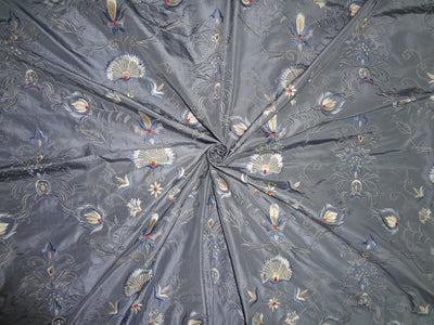 100% SILK taffeta Fabric Floral Embroidery Icy Blueish/grey TAFE8
