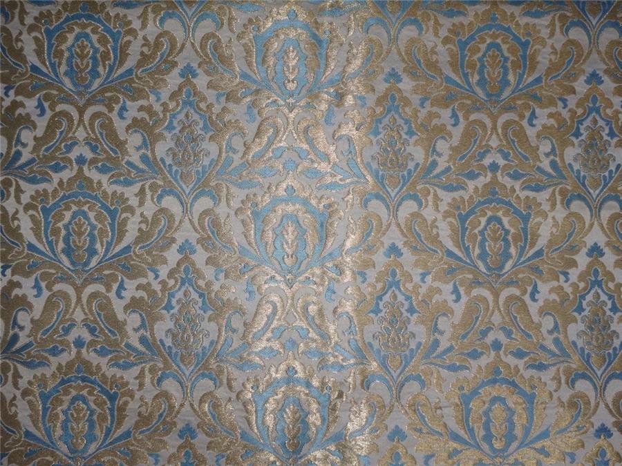 Heavy Silk Brocade Fabric Blue, White x Metallic Gold Color 36" WIDE BRO505[2]