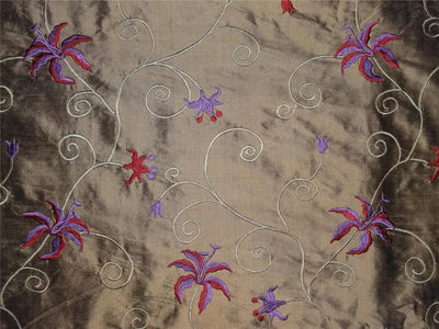 54&quot; wide Silk Dupioni Fabric Gold x black Red and purple pink Flower Embroidery