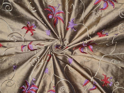 54&quot; wide Silk Dupioni Fabric Gold x black Red and purple pink Flower Embroidery