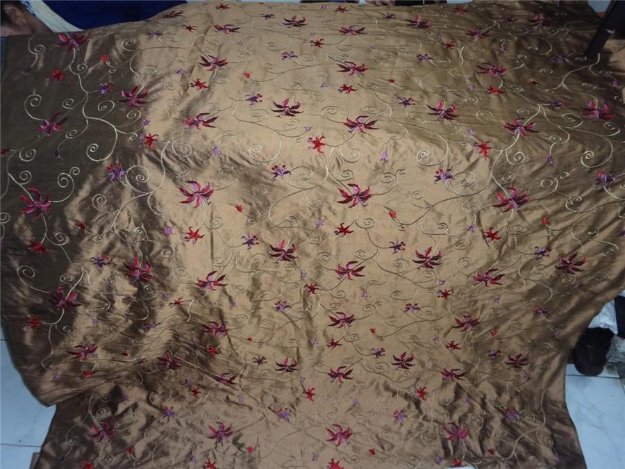 54&quot; wide Silk Dupioni Fabric Gold x black Red and purple pink Flower Embroidery