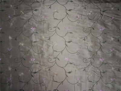 Silk Dupioni Fabric Beige,Gold x Pink Green Flower Embroidery 54&quot; Wide