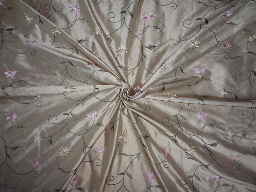 Silk Dupioni Fabric Beige,Gold x Pink Green Flower Embroidery 54&quot; Wide