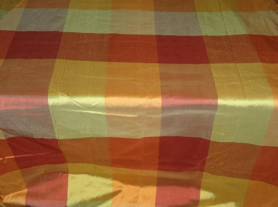 100% Silk Dupioni Orange, Red, Yellow Plaids Fabric 108" wide DUP#C83[1]