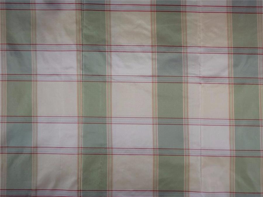 100%Pure Silk Taffeta Plaid Fabric Green Red x Cream TAF#C53[2]