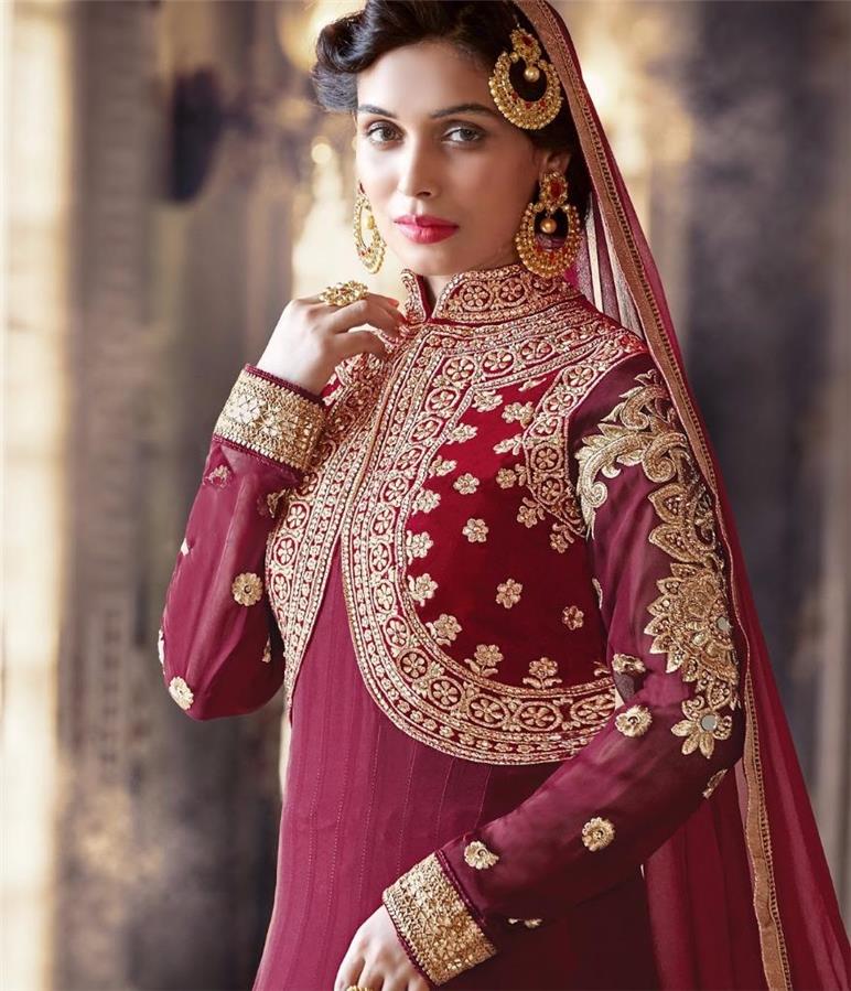 Embroidered Viscose Georgette Maroon x Beads Silver,Black,Blue Color