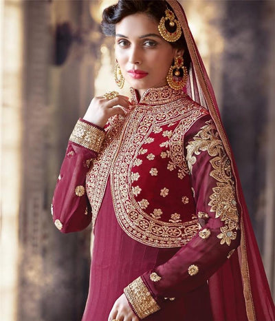 Embroidered Viscose Georgette Maroon x Beads Silver,Black,Blue Color