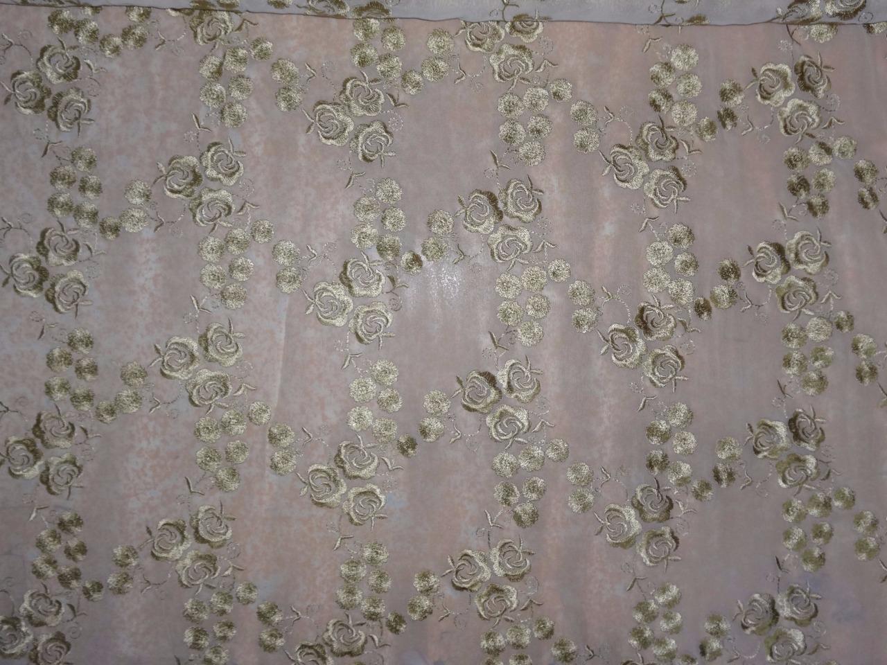 100%SILK georgette fabric gold embroidered 44&quot; B2#89[4]
