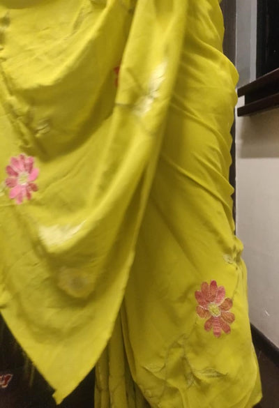 Indian beautiful pure silk satin georgette olive green embroidered Saree
