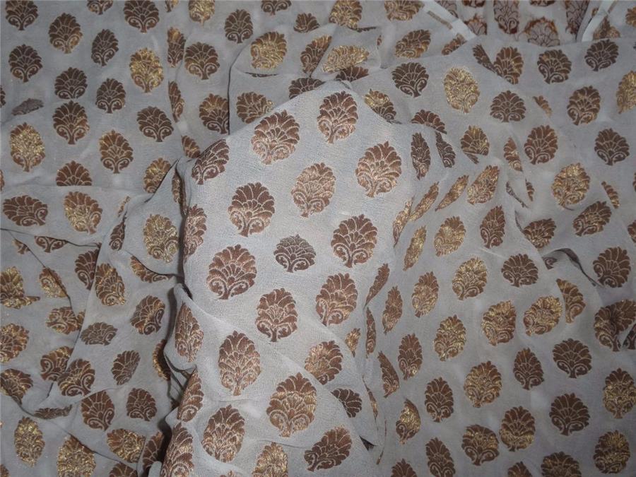 SILK Georgette Fabric Ivory x Metallic Gold Motif 44&quot;