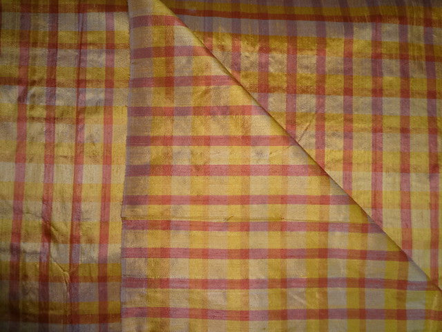Pure Silk DUPIONI Shades of Orange Color Plaids fabric ~ 44&quot; width