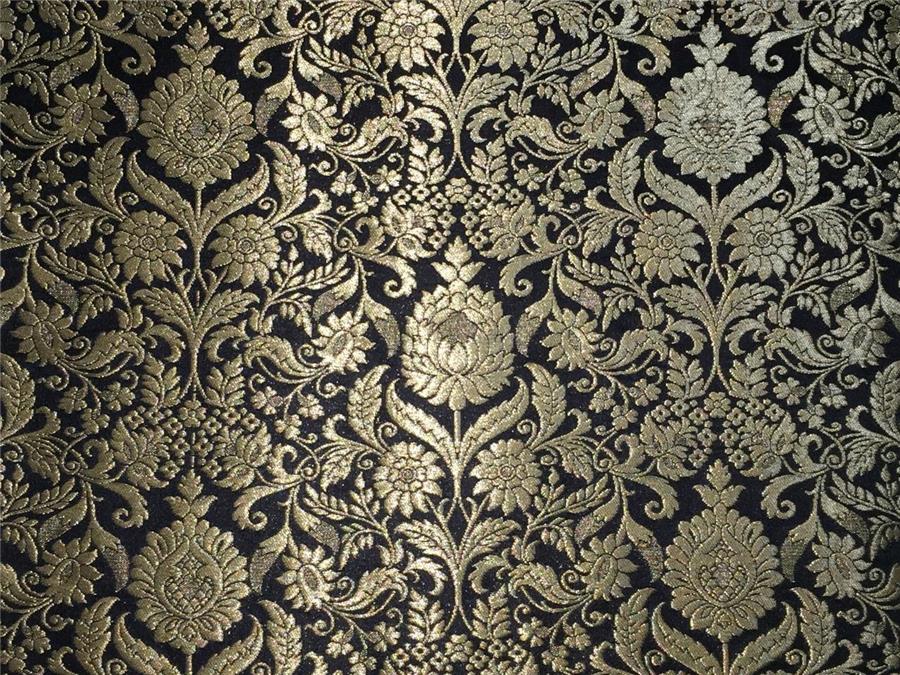 Heavy Silk Brocade Fabric black x metallic gold color
