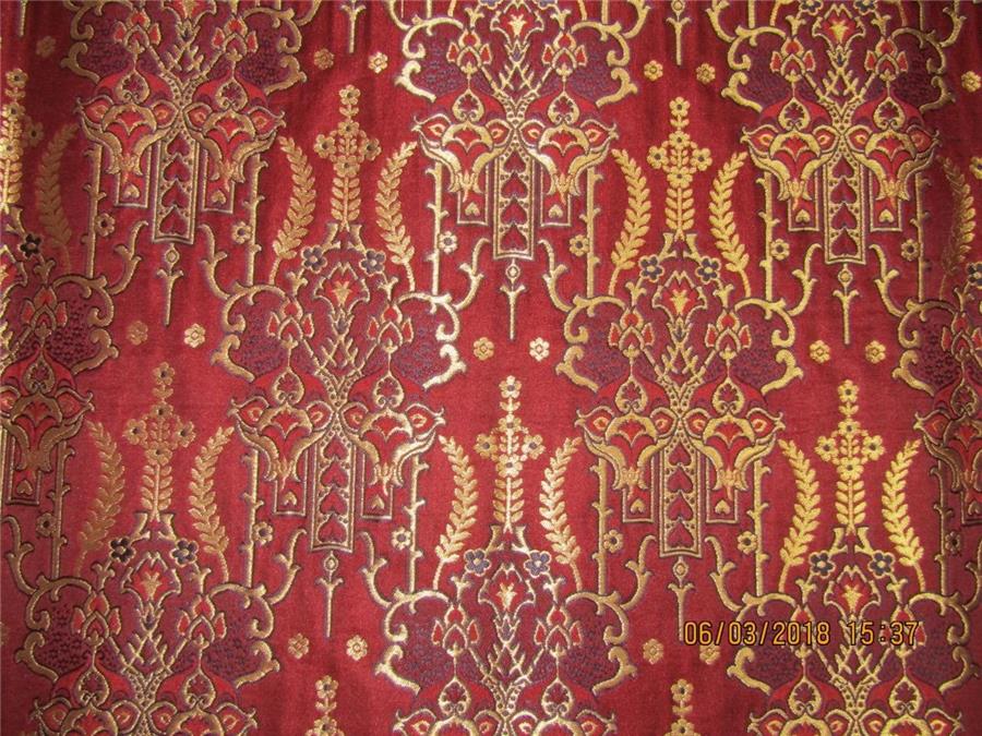 Heavy Silk Brocade Fabric maroon navy x metallic gold 44&quot;