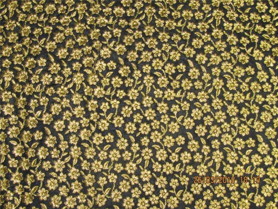 Silk Brocade fabric Black x metallic gold color with embroidery 44&quot;